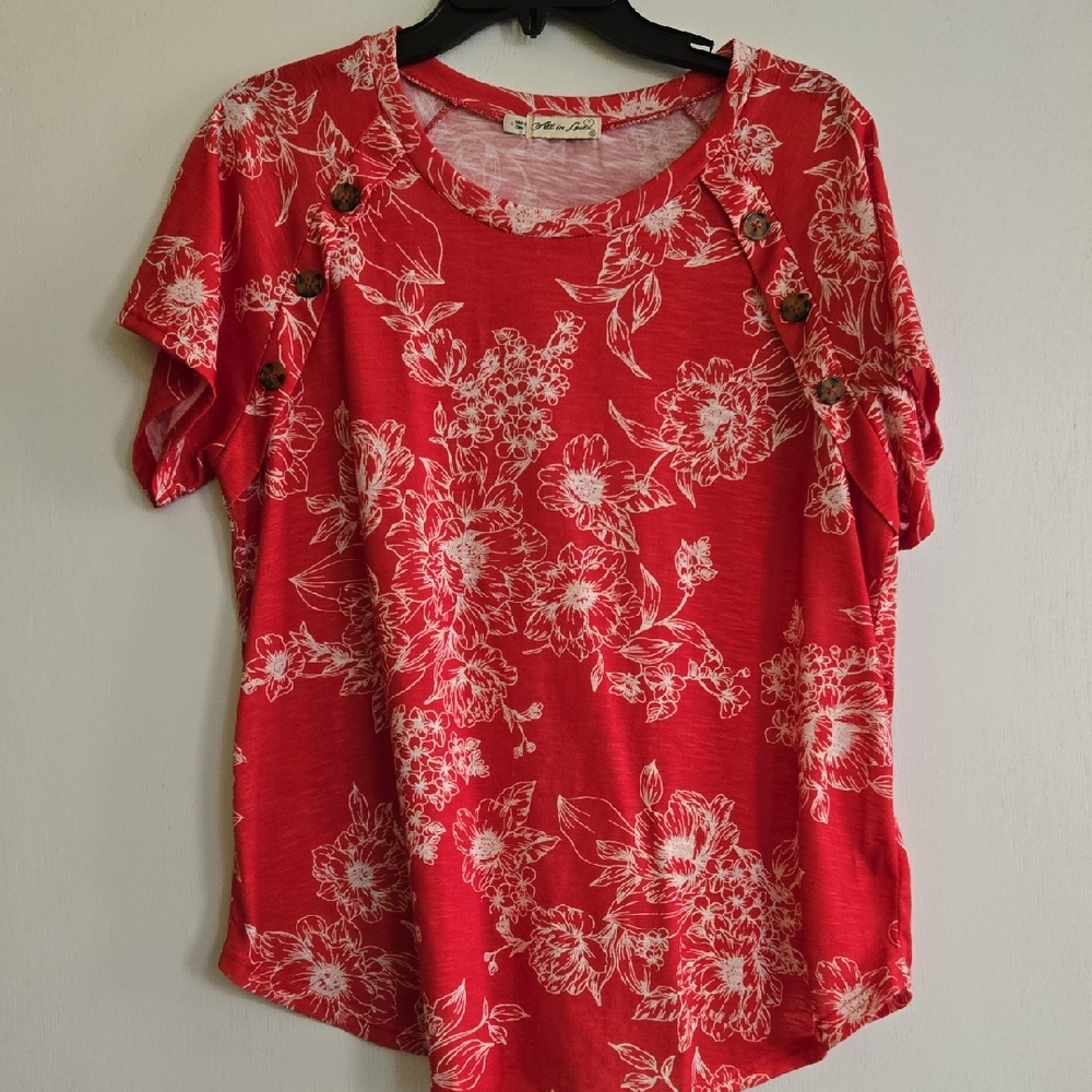 Floral Red Blouse with Button Accents
